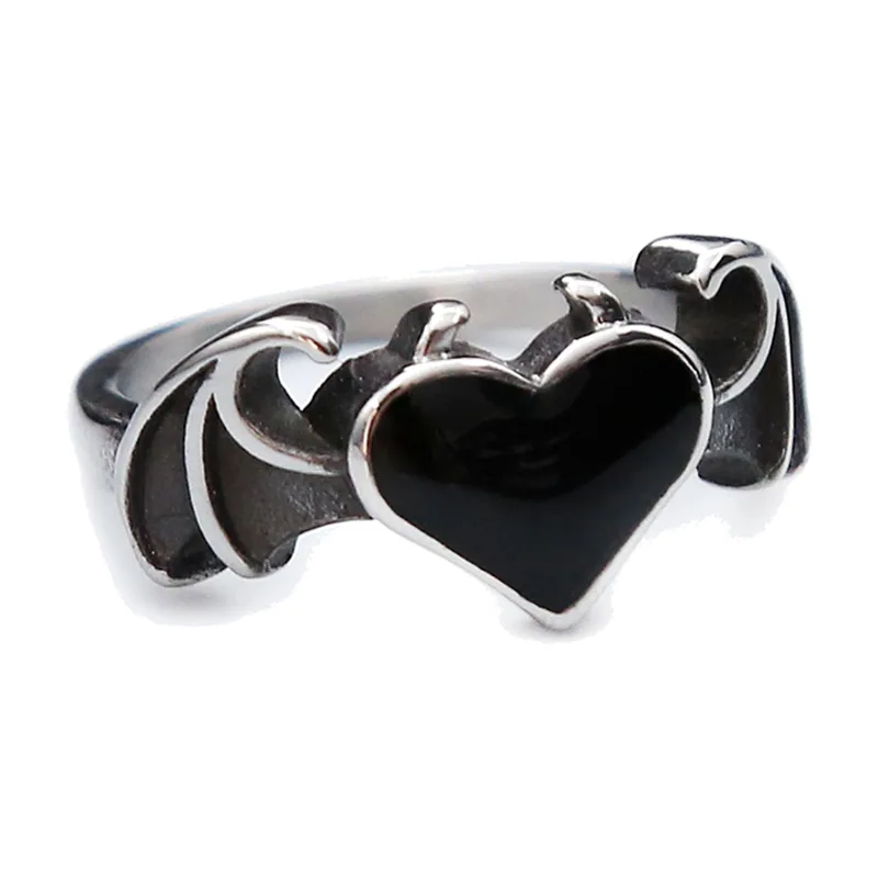 Gothic Ring with Black Heart and Wings, Stainless Steel