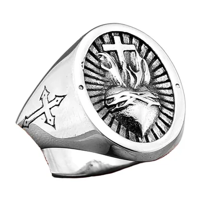 Herren Siegelring mit Heiligem Herzen und Kreuz, Edelstahl