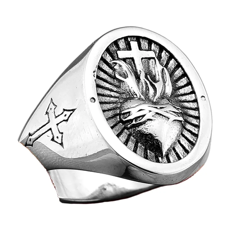 Chevalière Cœur Sacré et Croix, Acier Inoxydable