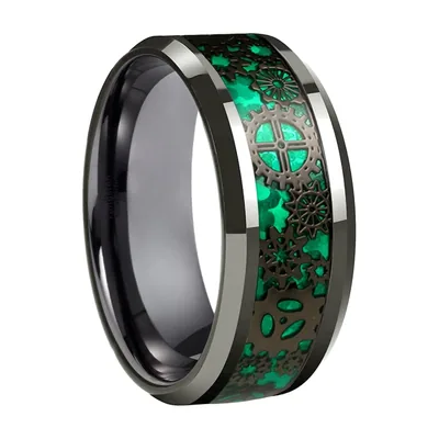Bague à motif d'engrenages avec incrustation verte, Acier Inoxydable