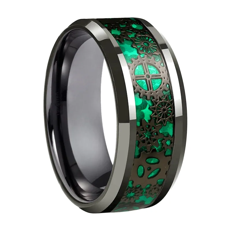 Gear Pattern Band Ring with Green Inlay, Stainless Steel