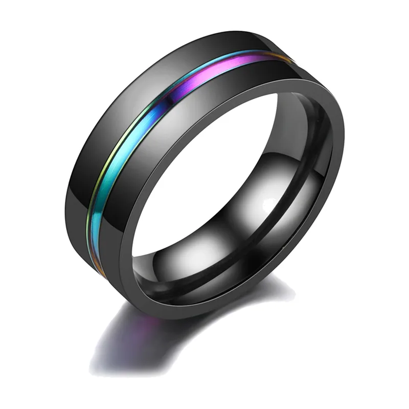 Schwarzer Herrenring mit Regenbogen-Rillen-Inlay, Edelstahl