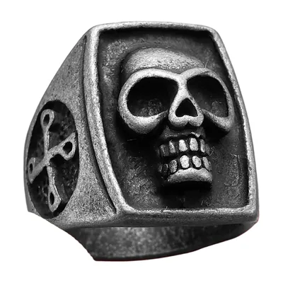 Anello Sigillo con Teschio e Croce, Acciaio Inossidabile