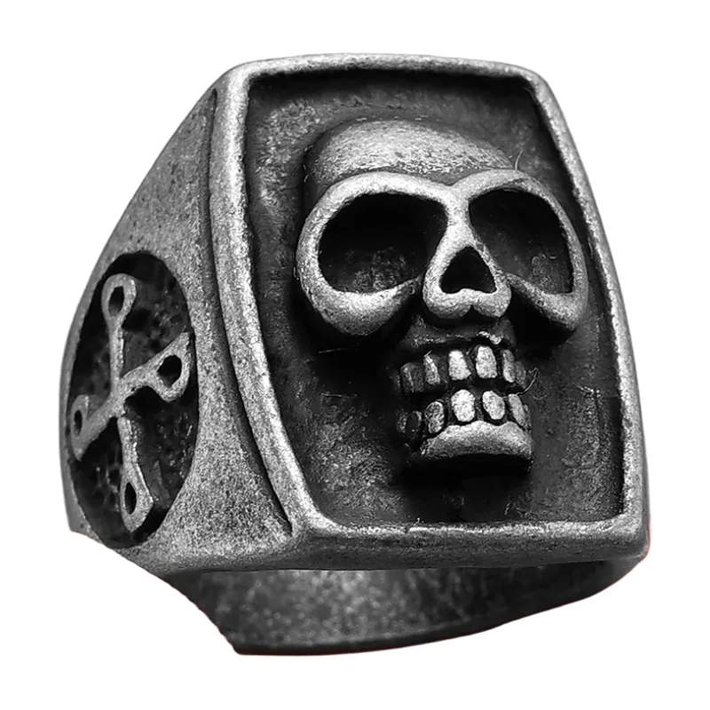 Anillo Sello de Calavera con Cruz, Acero Inoxidable