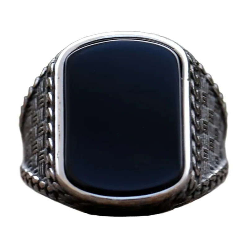 Rectangular Signet Ring with Black Stone and Totem Motif, Stainless Steel