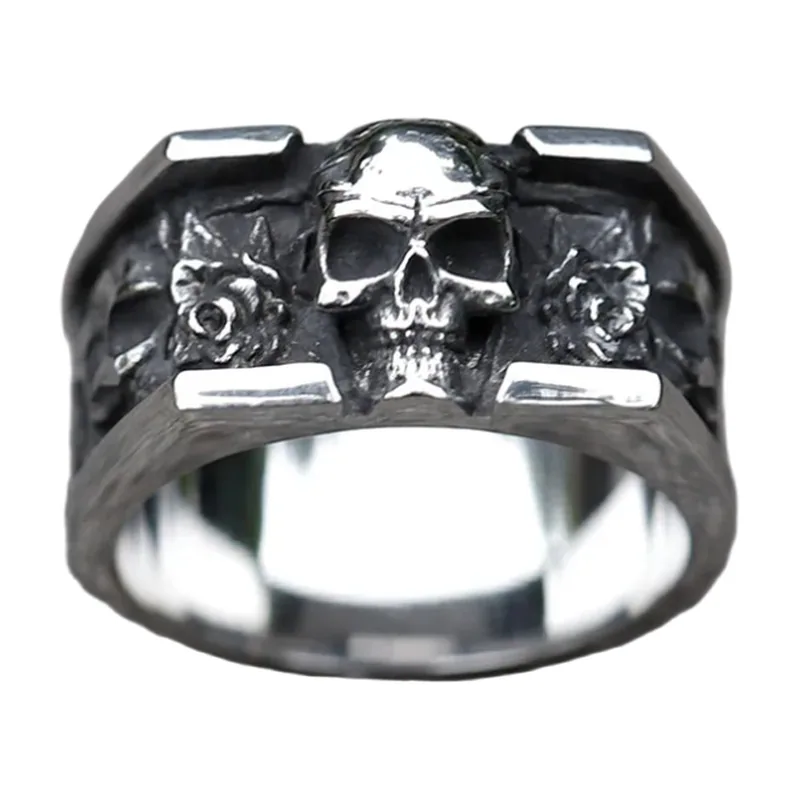 Totenkopf-Ring mit Blumen-Motiv aus Edelstahl