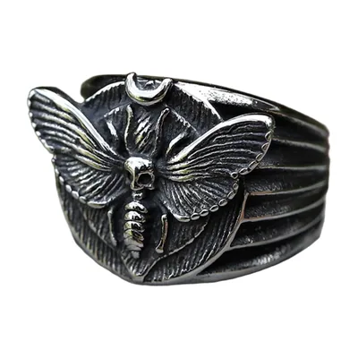 Totenkopf-Motten Ring für Herren, 316L Edelstahl, Antik-Finish