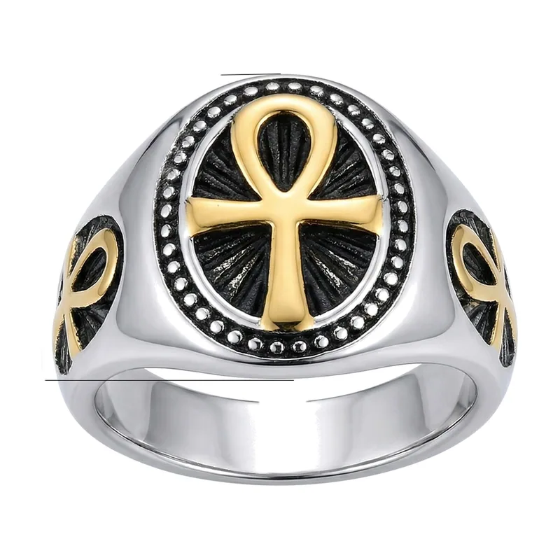 Chevalière Croix Ankh avec Zirconia, Acier Inoxydable