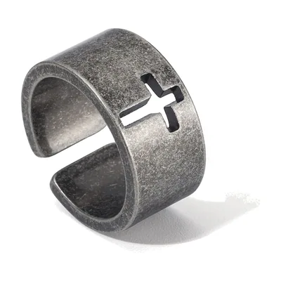Cross Cut-Out Ring with Antique Finish, Stainless Steel