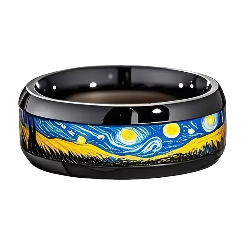 Bague Art Nuit Étoilée, Acier Inoxydable Noir