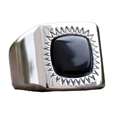Anello Sigillo Quadrato con Pietra Nera, Acciaio Inossidabile