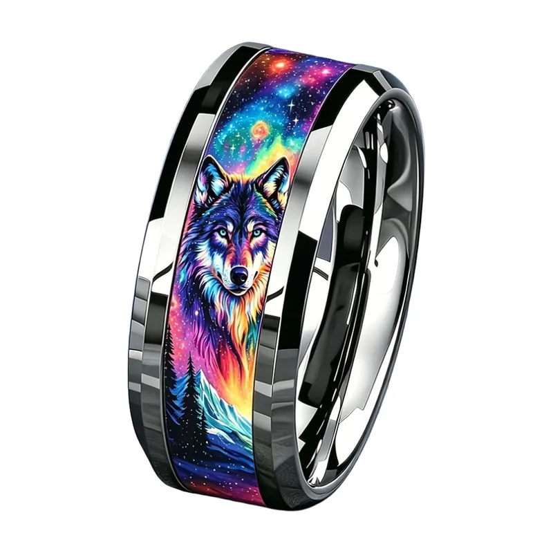 Wolf and Galaxy Landscape Ring, Stainless Steel