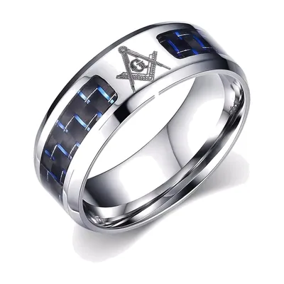 Anillo Masónico de Escuadra y Compás con Incrustaciones Azules, Acero Inoxidable