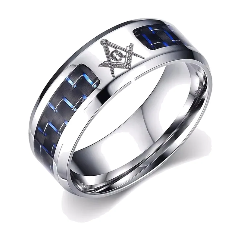 Bague Maçonnique Équerre et Compas avec Inserts Bleus, Acier Inoxydable