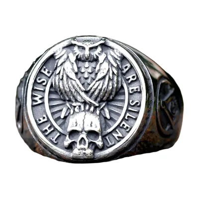 Anillo Sello Gótico de Búho y Calavera, Acero Inoxidable