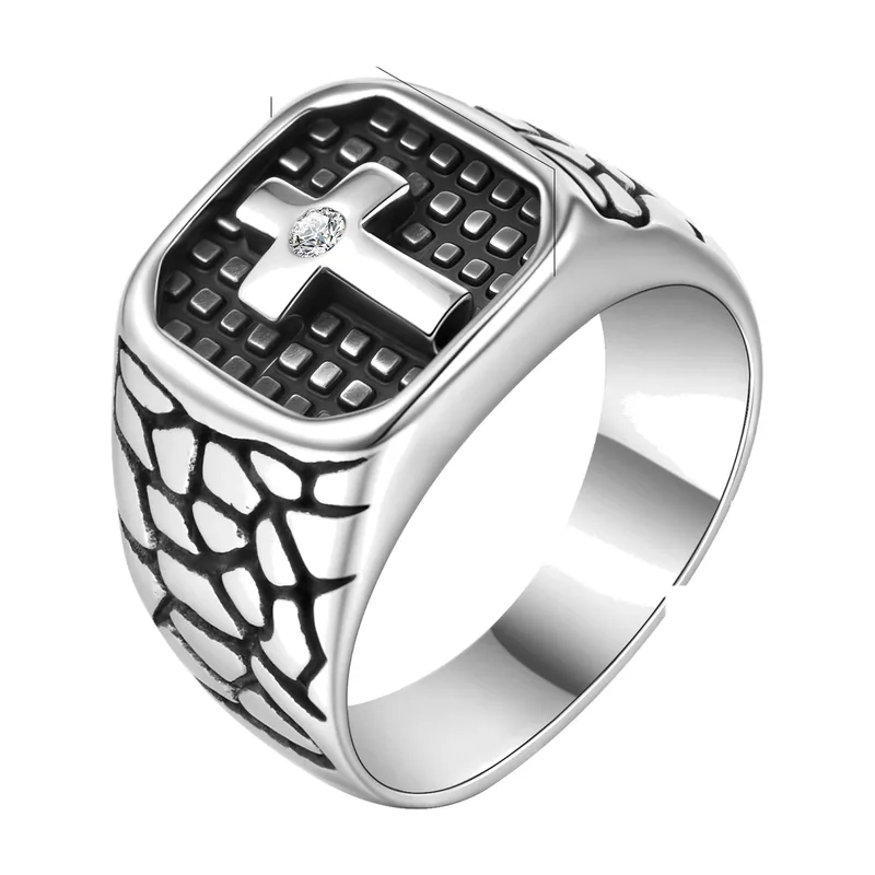 Chevalière Carrée avec Croix et Zirconia, Acier Inoxydable