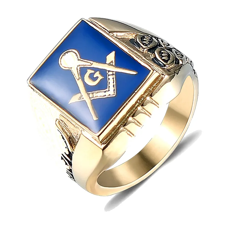 Chevalière Maçonnique au Compas et Équerre, Émail Bleu, Dorée