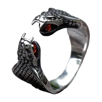 Anillo de Serpiente de Dos Cabezas con Piedras Rojas, Acero Inoxidable