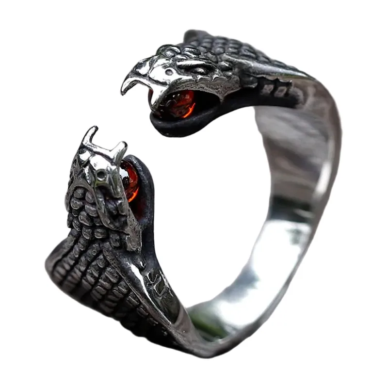 Two-Headed Serpent Ring with Red Stones, Stainless Steel
