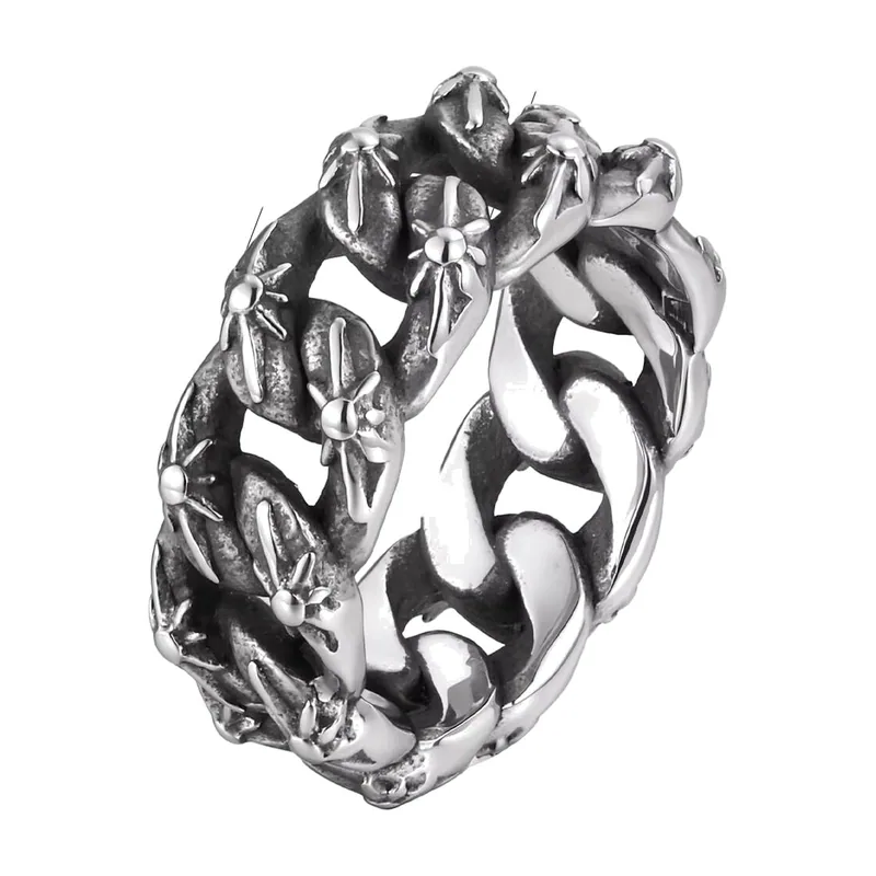 Cuban Link Chain Ring, Antique Stainless Steel