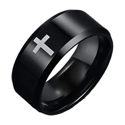 Anillo de Cruz Negro para Hombre, Acero Inoxidable 316L