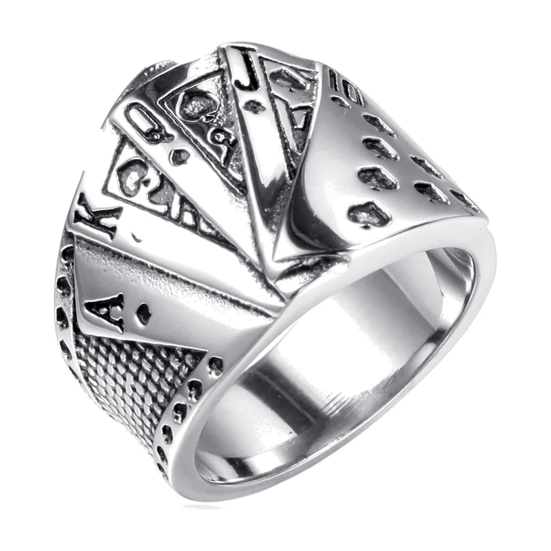 Royal Flush Poker-Ring mit Spielkarten-Motiv, Edelstahl
