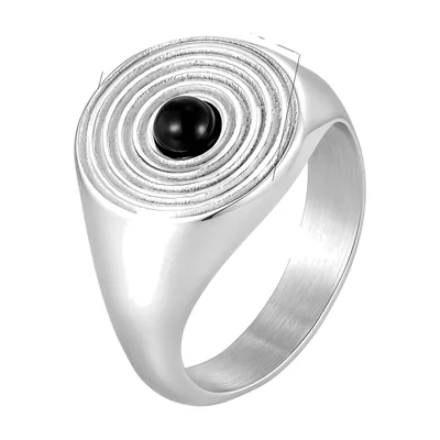 Bague Chevalière avec Onyx Noir et Motif Spirale, Acier Inoxydable