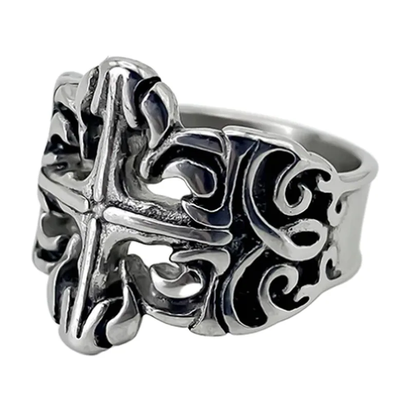 Bague Vintage Motif Floral Gravé, Acier Inoxydable