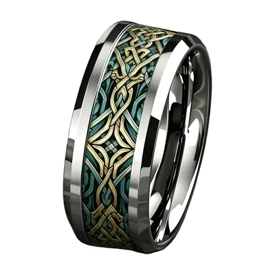 Anillo de Nudo Celta con Detalles en Verde y Oro, Acero Inoxidable