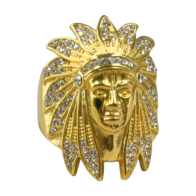 Bague Chef Amérindien avec Zirconia, Ton Or, Acier Inoxydable