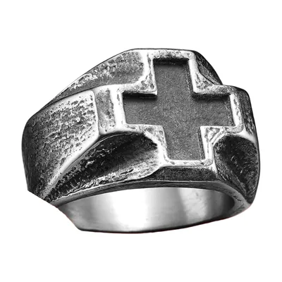 Anello Sigillo con Croce e Intarsio Nero, Acciaio Inossidabile