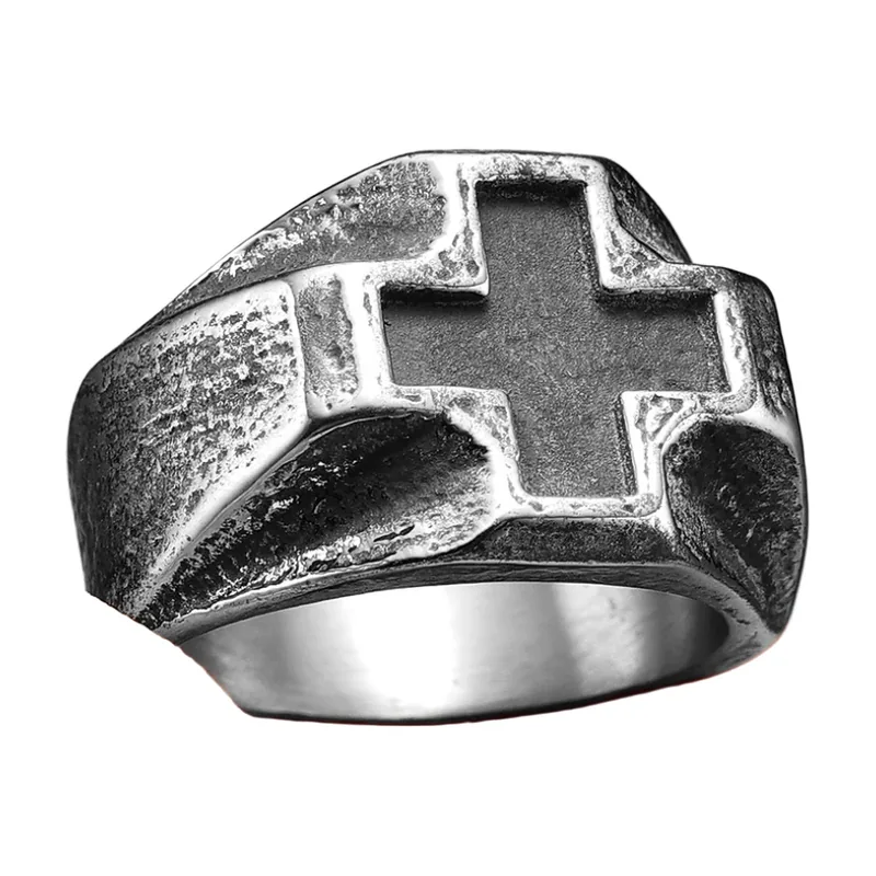 Chevalière à Croix avec Incrustation Noire, Acier Inoxydable