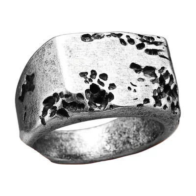 Anello Sigillo Quadrato con Texture Distressed, Acciaio Inox