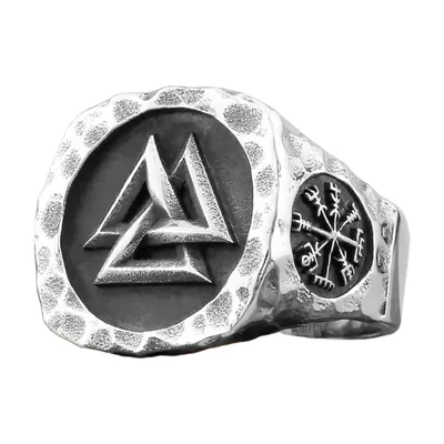 Anillo Sello Vikingo Valknut con Brújula Vegvisir, Acero Inoxidable