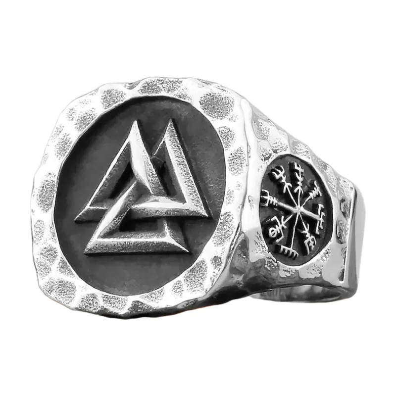 Wikinger Siegelring mit Valknut und Vegvisir, Edelstahl