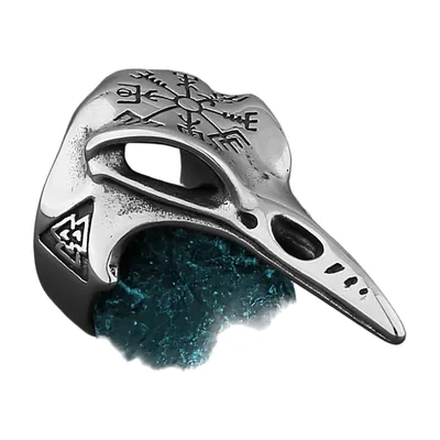 Raven Skull Ring with Valknut and Runes, Stainless Steel