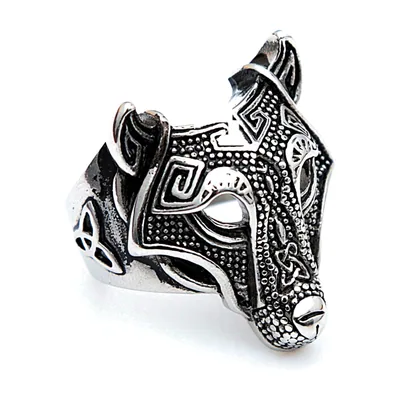 Wolf Head Ring with Celtic Knots, Stainless Steel