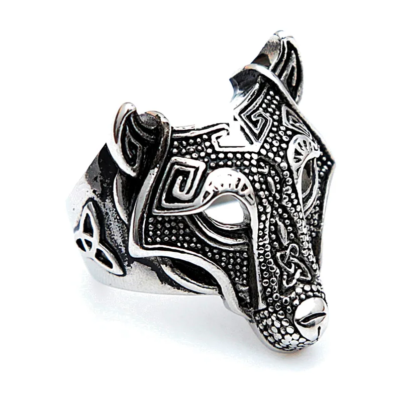 Wolfskopf-Ring mit keltischen Knoten, Edelstahl