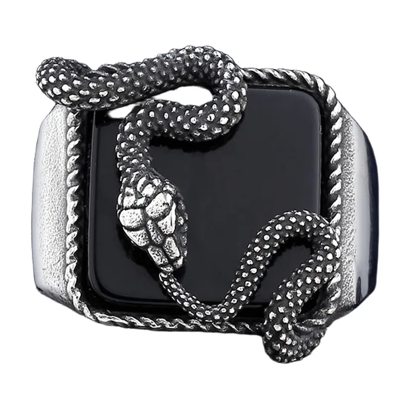 Square Signet Ring with Black Stone and Snake, Stainless Steel