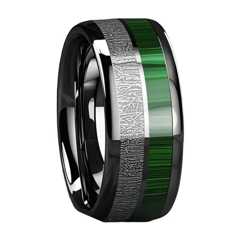 Bague à double rainure avec incrustation de marbre vert, Acier inoxydable