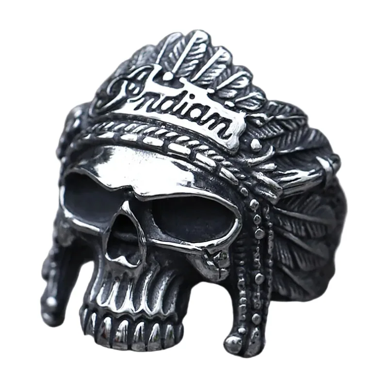 Totenkopf-Ring mit indianischem Kopfschmuck, Edelstahl