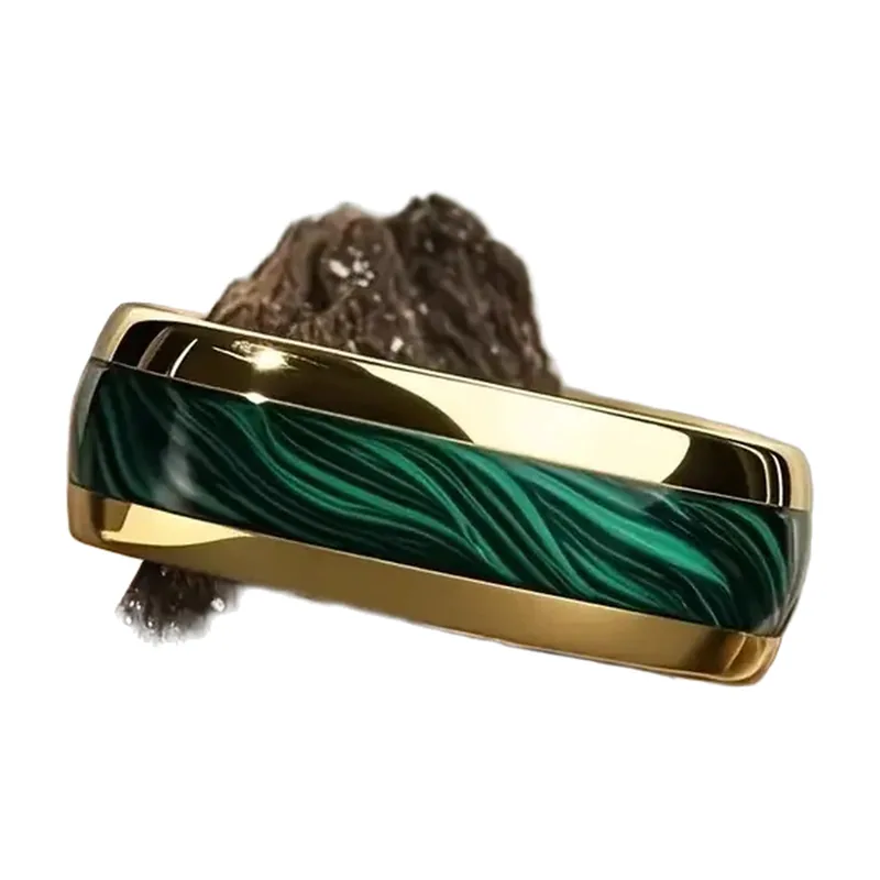 Gold Tone Band Ring with Green Abalone Shell, Stainless Steel