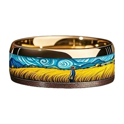 Anillo de Paisaje con Campo de Trigo y Cielo Estrellado, Acero Inoxidable