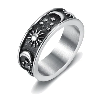 Anillo Celestial de Sol Luna y Estrellas, Acero Inoxidable