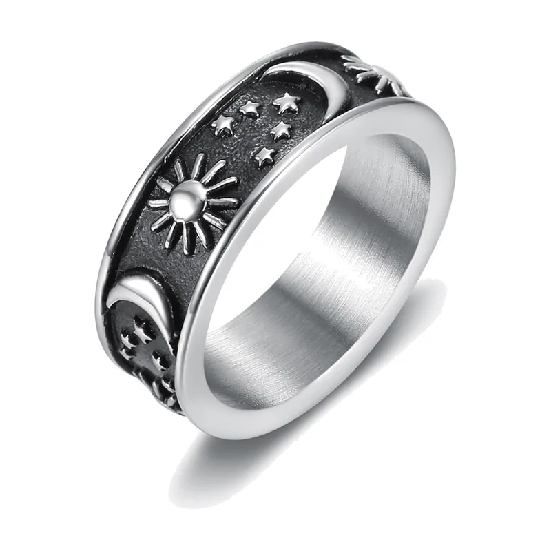 Anillo Celestial de Sol Luna y Estrellas, Acero Inoxidable