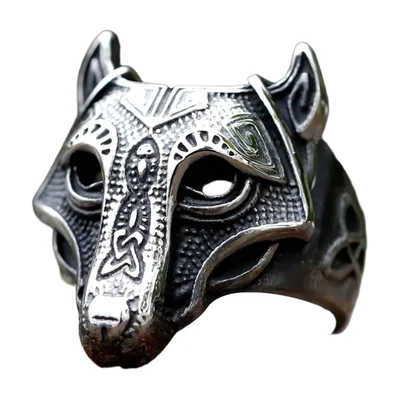 Wolf Head Ring with Nordic Patterns, Stainless Steel