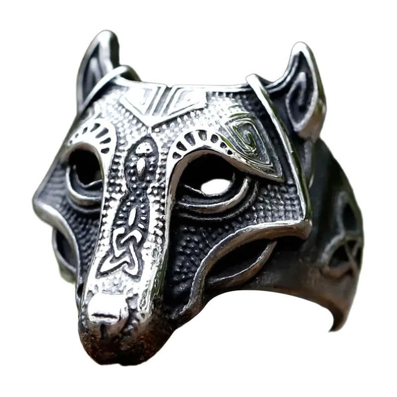Wolf Head Ring with Nordic Patterns, Stainless Steel