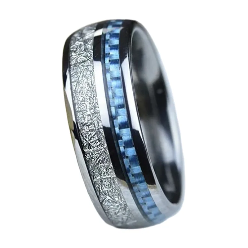 Herrenring mit blauem Carbon und Meteorit-Optik, Edelstahl