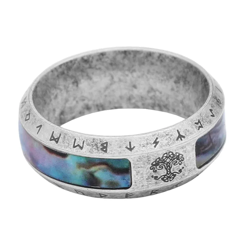 Yggdrasil Lebensbaum Ring mit blauem Stein und Runen, Edelstahl