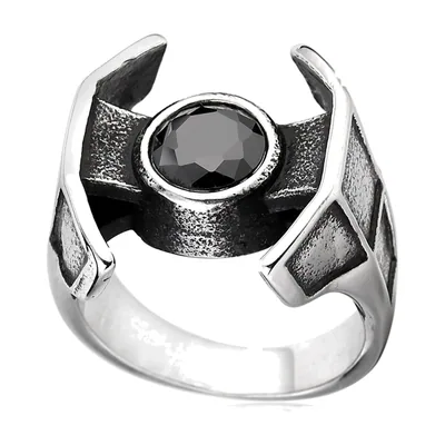 Anillo Estilo Vikingo con Zirconia Negra, Acero Inoxidable